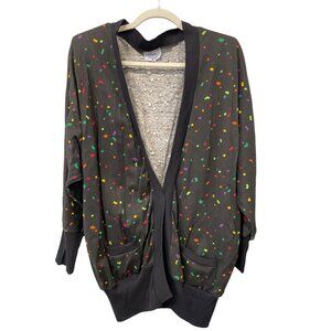 Vintage 80s HMJ Cardigan Sweater Size XL V Neck Black Colorful Polka Dot Cozy